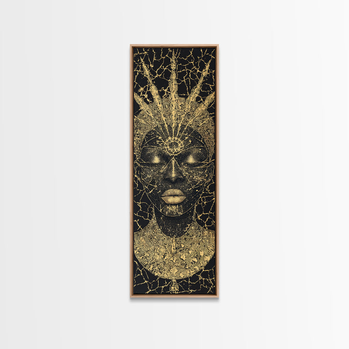 Black Gold African Goddess Face Framed Canvas Print, Regal Afrocentric Wall Decor, Spiritual Portrait Art, Luxury Home Decor