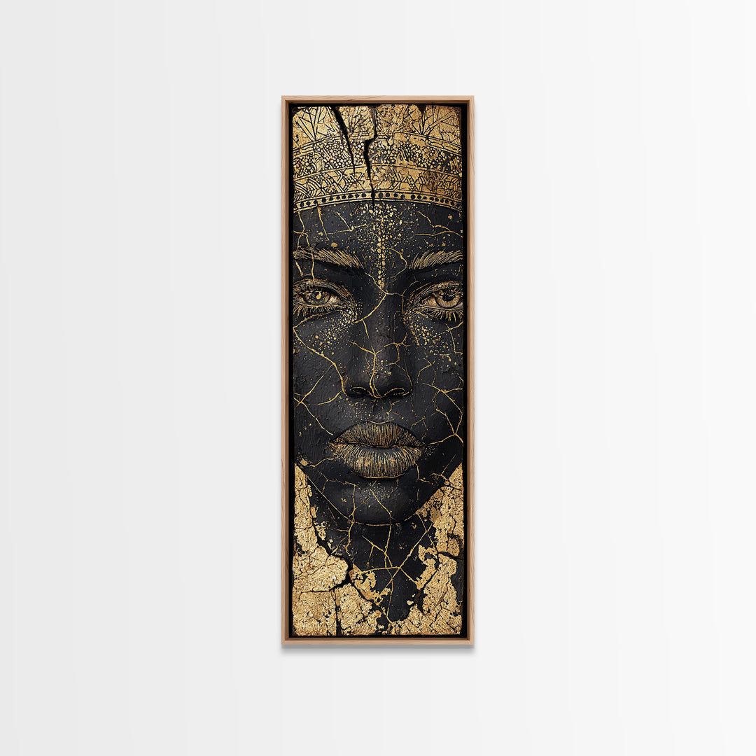 Cracked Gold African Woman Face Canvas Print, Black Queen Portrait Wall Decor, Elegant Afrocentric Art, Modern Cultural Gift