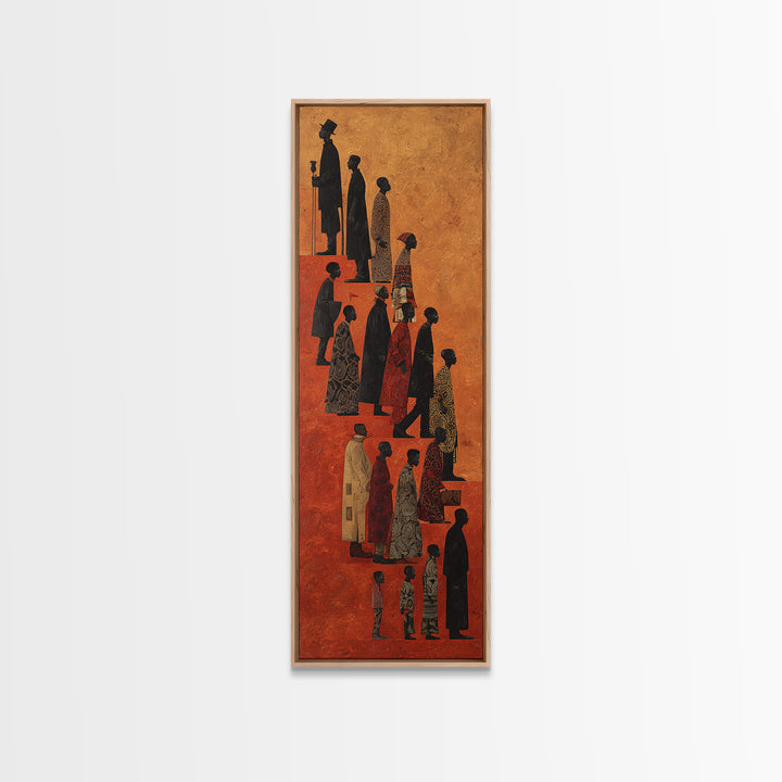 Silhouetted African Family Procession Wall Art, Tall Afrocentric Canvas Print, Tribal Culture Home Decor, Earth Tone Poster