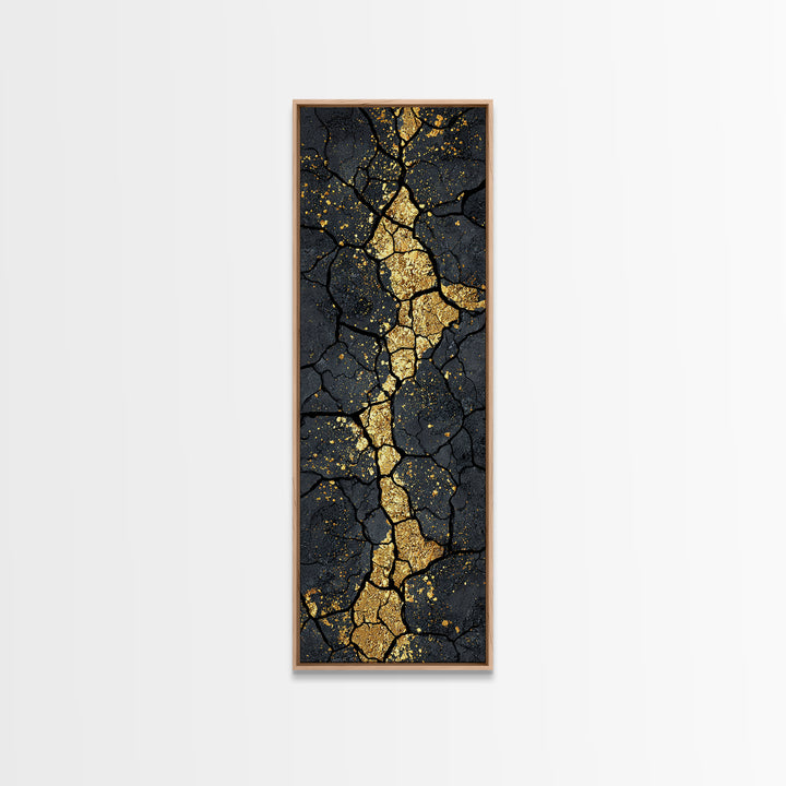 Gold Kintsugi Cracked Stone Abstract African Wall Art, Black And Gold Canvas Decor, Modern Tribal Texture, Luxury Home Decor