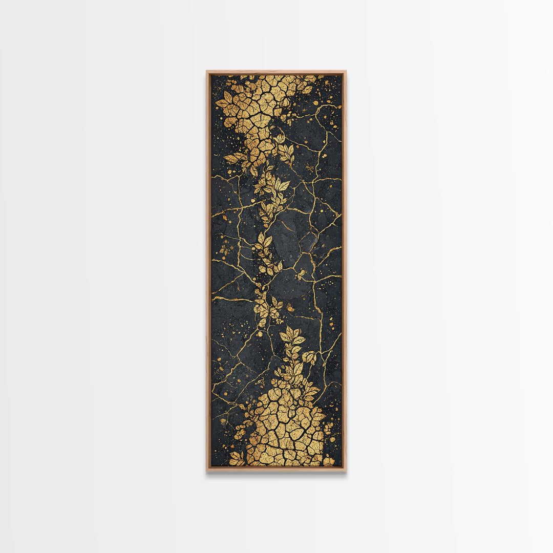 Gold Botanical Kintsugi Cracked Stone Wall Art, Black And Gold Floral Abstract, Luxury African Inspired Canvas Home Decor