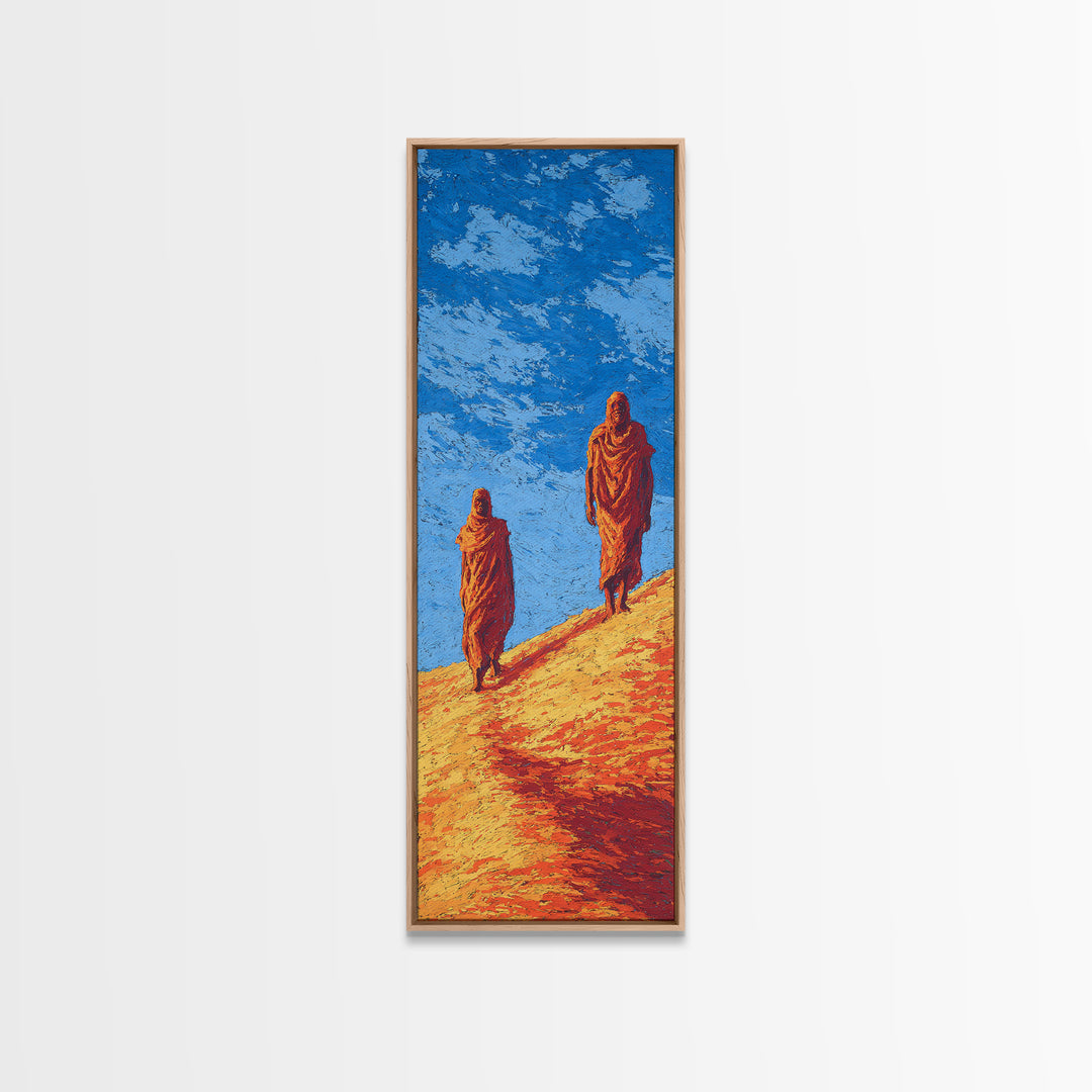 Two Robed Figures On Desert Hill Canvas Print, African Landscape Wall Decor, African Inspired Safari Art, Earth Tone Decor