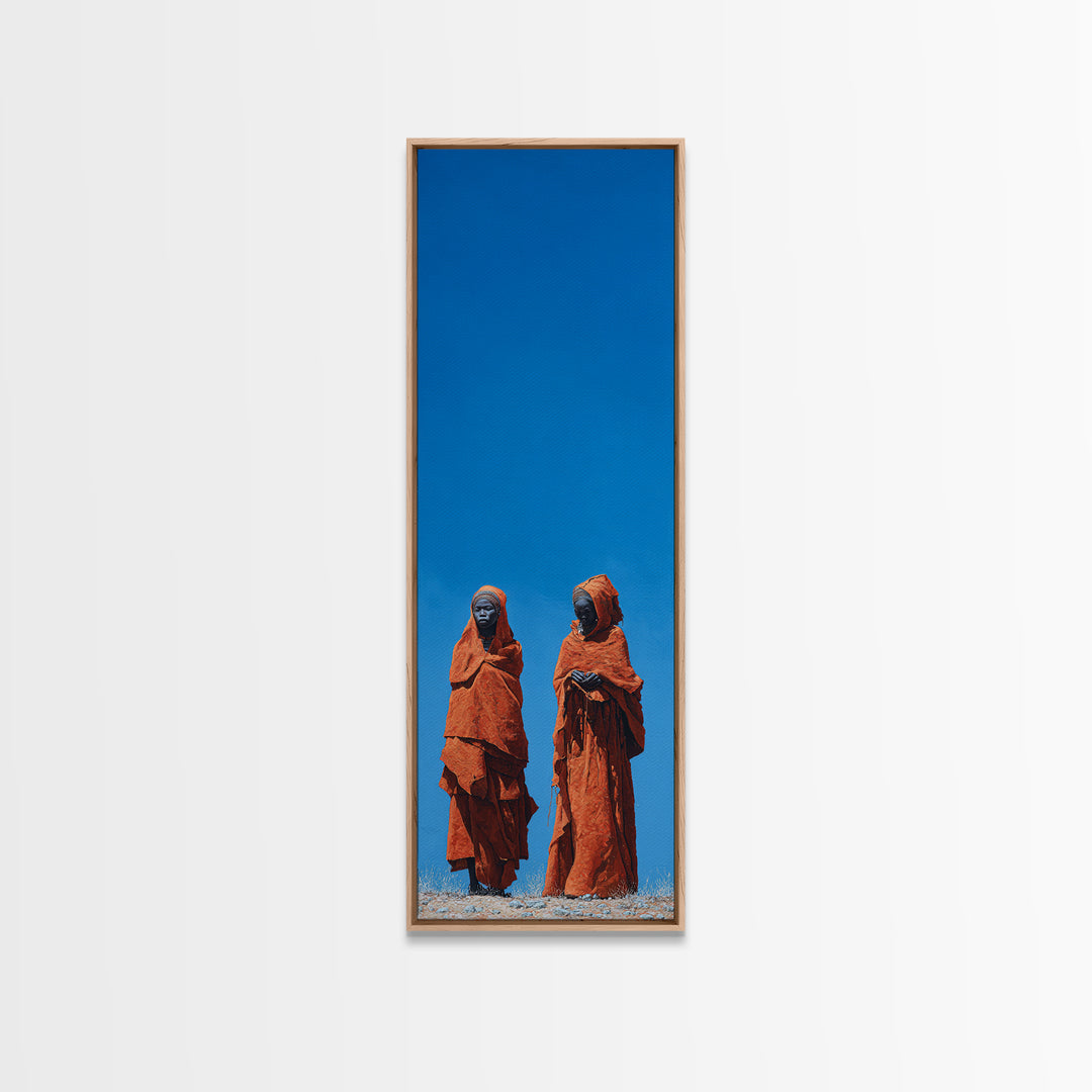 Two African Women In Orange Robes Wall Art, Minimalist Desert Portrait, Blue Sky Cultural Decor, Afrocentric Canvas Print