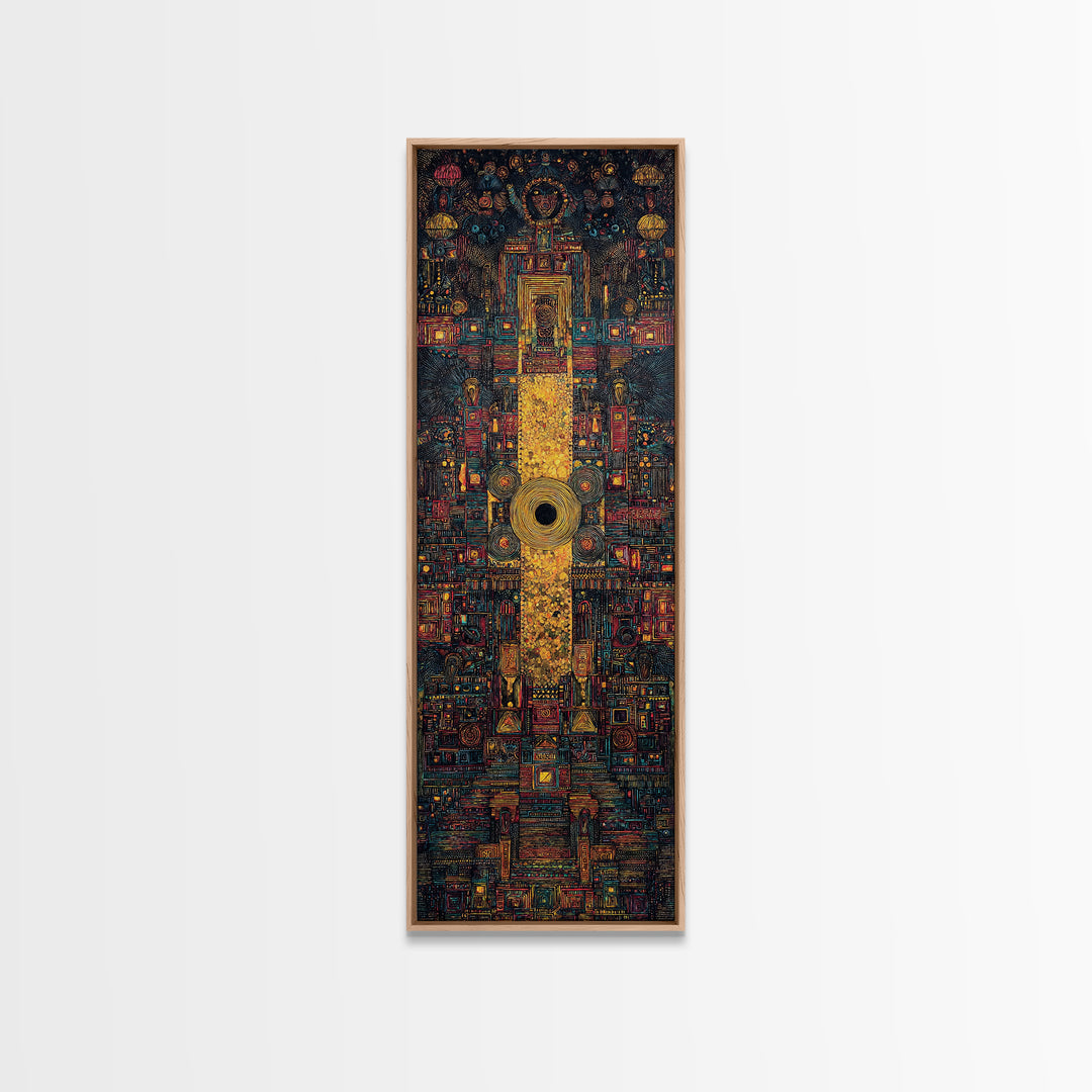 Golden Tribal Temple Abstraction Framed Canvas Print, African Inspired Wall Decor, Afrocentric Art, Bold Cultural Home Decor