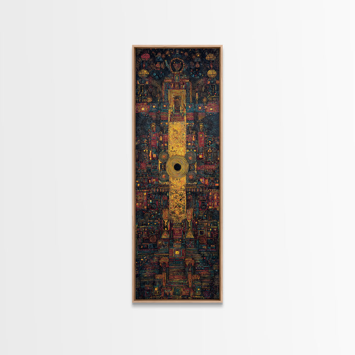 Golden Tribal Temple Abstraction Framed Canvas Print, African Inspired Wall Decor, Afrocentric Art, Bold Cultural Home Decor