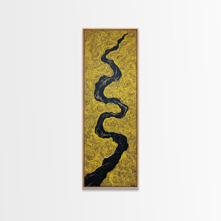 Black Winding River On Gold Texture Wall Art, Minimalist Abstract Landscape, Earth Tone Decor, Modern Canvas Gift For Living Room