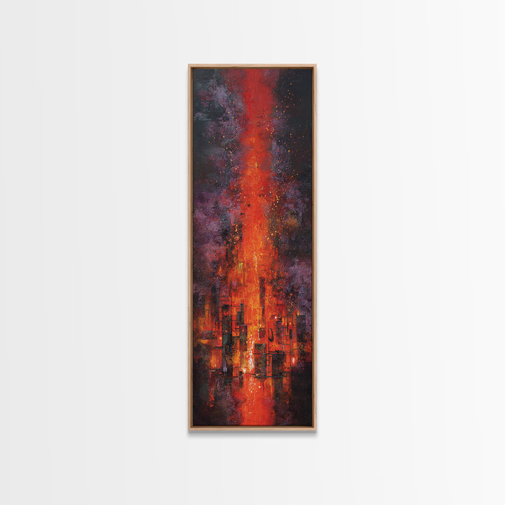 Burning Skyline With Volcanic Light Wall Art, Dark Red Abstract Canvas Print, Urban Wall Art, Modern Office Decor Gift For Him