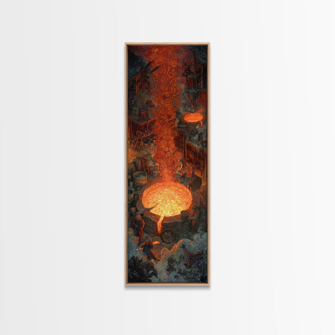 Molten Forge Workshop With Glowing Symbols Framed Canvas Print, Industrial Fantasy Wall Art, Orange Painting Home Decor Gift
