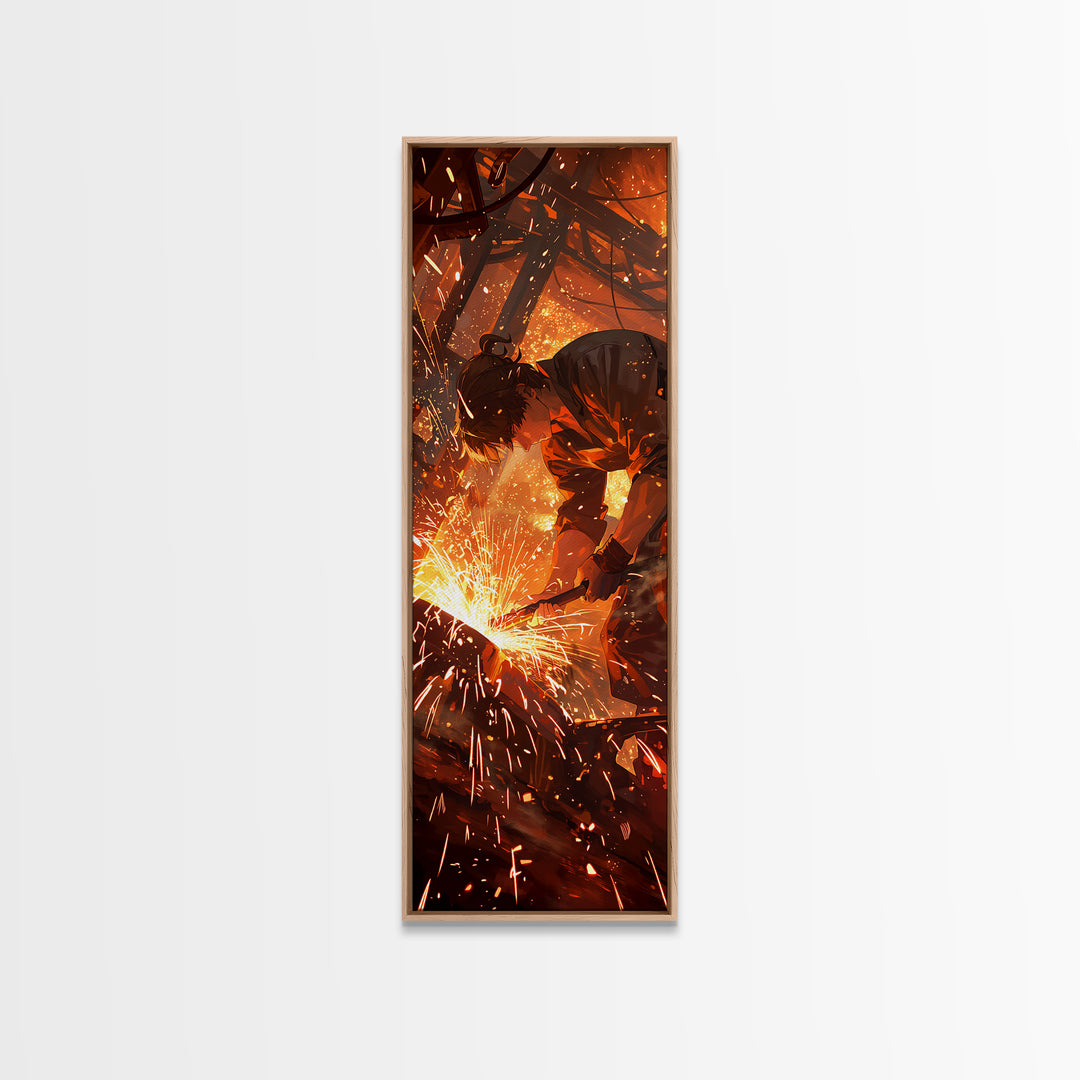 Welder In Shower Of Sparks Wall Art, Dramatic Orange Canvas Print, Industrial Workshop Art, Masculine Office Decor Gift For Him