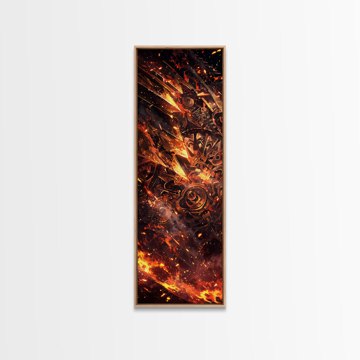 Fiery Mechanical Gears And Sparks Wall Art, Abstract African Inspired Industrial Canvas Print, Bold Orange Black Decor Gift