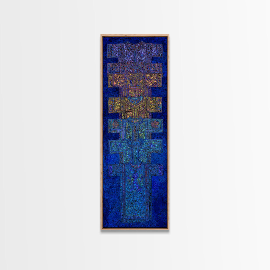 Blue Purple Tribal Cross Totem Wall Art, African Mask Inspired Canvas Print, Afrocentric Geometric Decor, Bold Home Gift