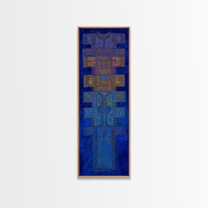 Blue Purple Tribal Cross Totem Wall Art, African Mask Inspired Canvas Print, Afrocentric Geometric Decor, Bold Home Gift