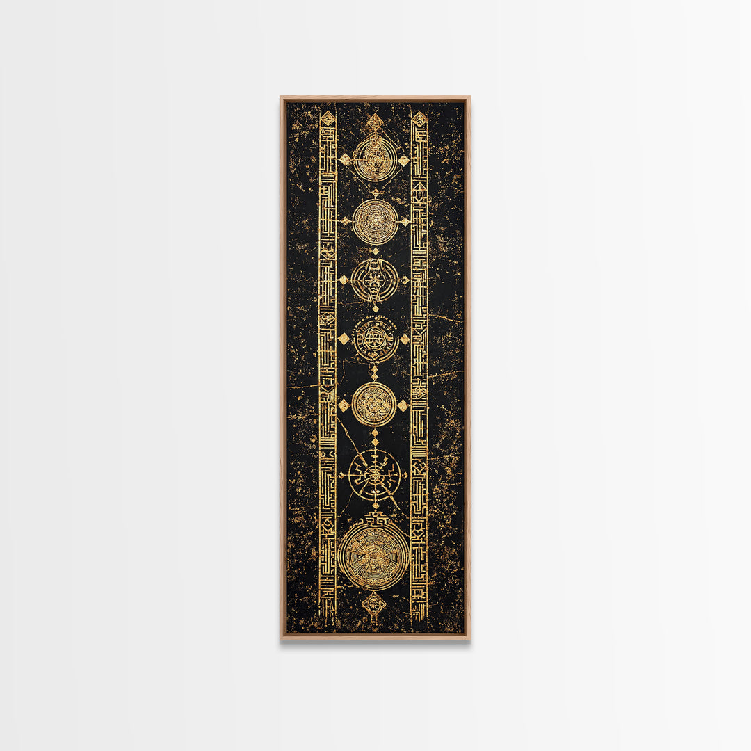 Gold Celestial Circles And Glyphs Wall Art, African Abstract Canvas Print, Black Gold Geometric Decor, Spiritual Home Gift