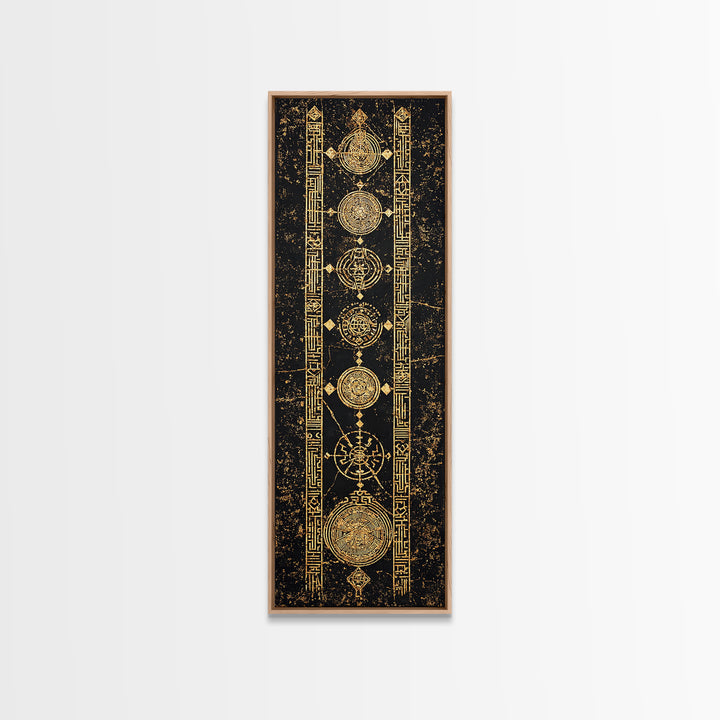 Gold Celestial Circles And Glyphs Wall Art, African Abstract Canvas Print, Black Gold Geometric Decor, Spiritual Home Gift