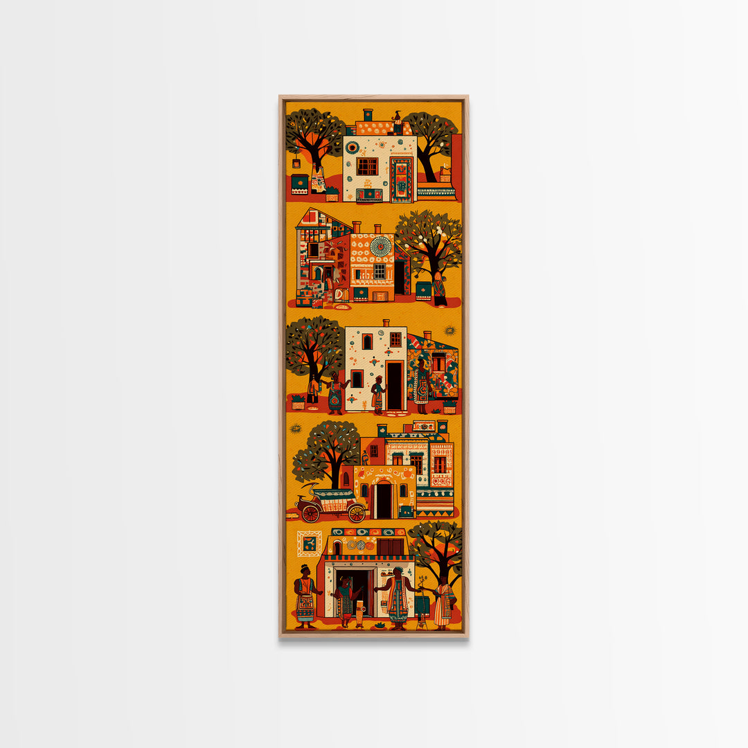 Orange African Village Houses And Trees Wall Art, African Folk Canvas Print, Cultural Home Decor, Afrocentric Travel Gift