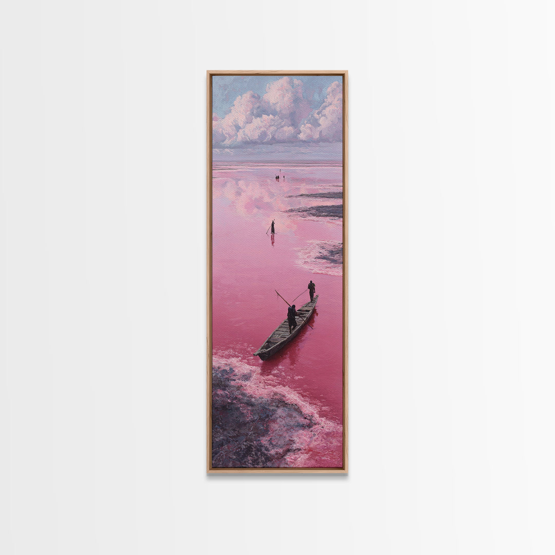 Dreamy Pink African Lagoon With Wooden Boat Canvas Print, Lake Retba Fisherman Scene, Coastal Landscape Wall Decor Gift Art