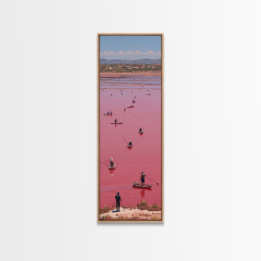 Pink African Lake With Boats And Salt Workers Framed Canvas Print, Lake Retba Landscape, Vibrant Travel Wall Decor Gift Art