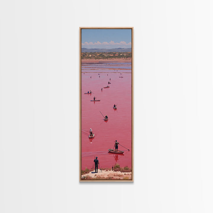 Pink African Lake With Boats And Salt Workers Framed Canvas Print, Lake Retba Landscape, Vibrant Travel Wall Decor Gift Art