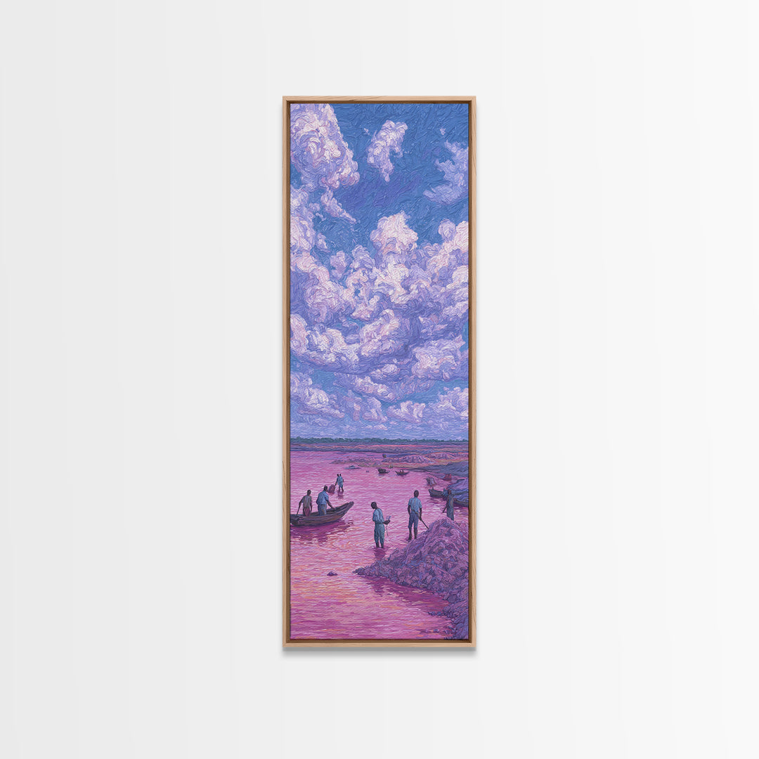 Purple Storm Clouds Over Pink African Lake Canvas Print, Fishermen Boat Landscape, Dreamy Nature Scene Art For Home Decor