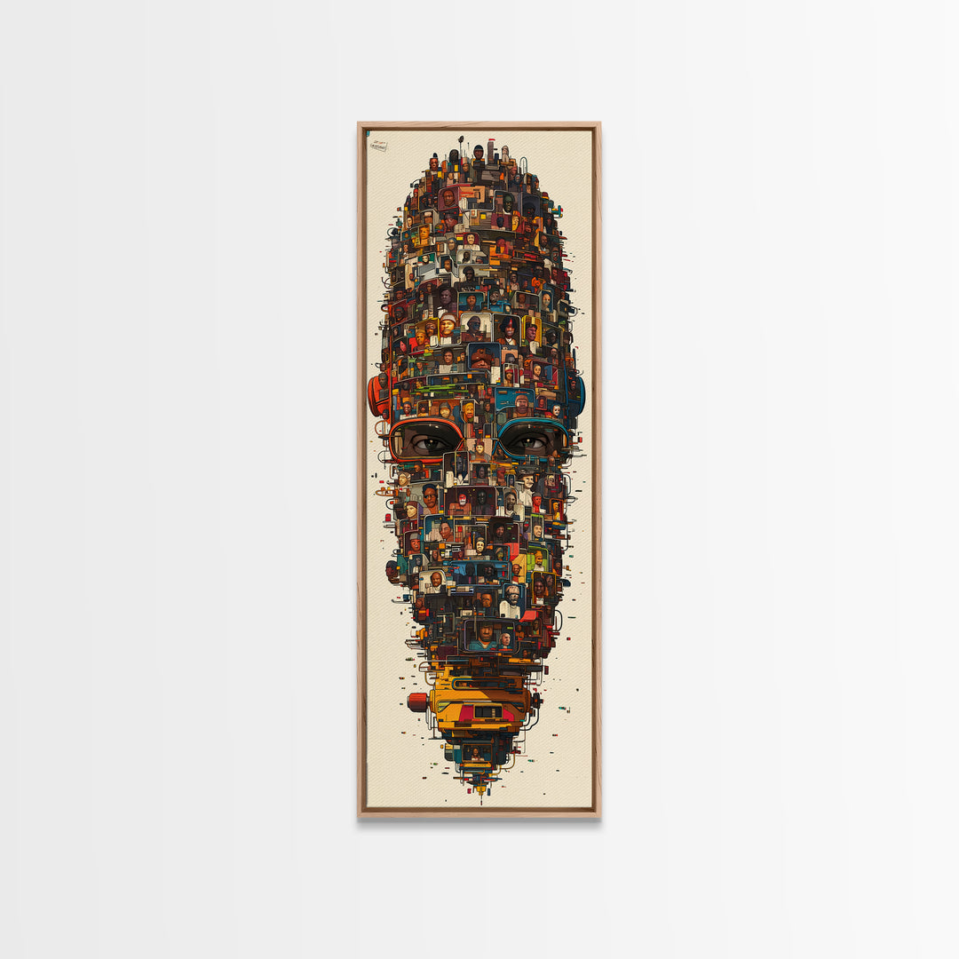 Contemporary African Mask Portrait Framed Canvas Print, Mosaic Community Face, Modern Afrocentric Wall Decor Art Gift For Home