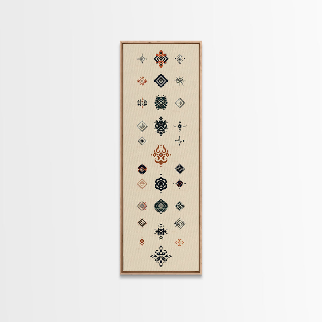 Minimal African Pattern Wall Art, Boho Tribal Symbols, Beige Orange Navy Motifs, Afrocentric Textile Inspired Canvas Print