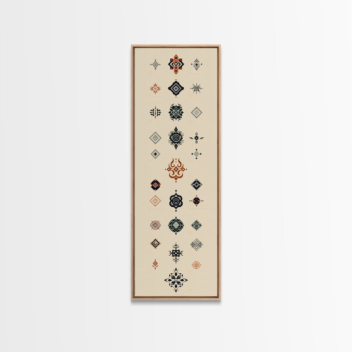 Minimal African Pattern Wall Art, Boho Tribal Symbols, Beige Orange Navy Motifs, Afrocentric Textile Inspired Canvas Print