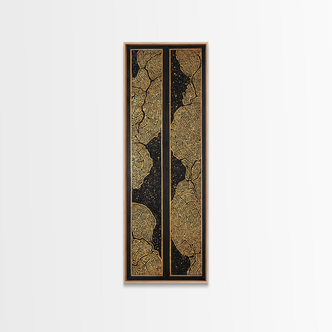 Gold Black African City Map Canvas Print, Diptych Style Tribal Pattern Wall Art, Geometric Luxury Home Decor Statement Piece