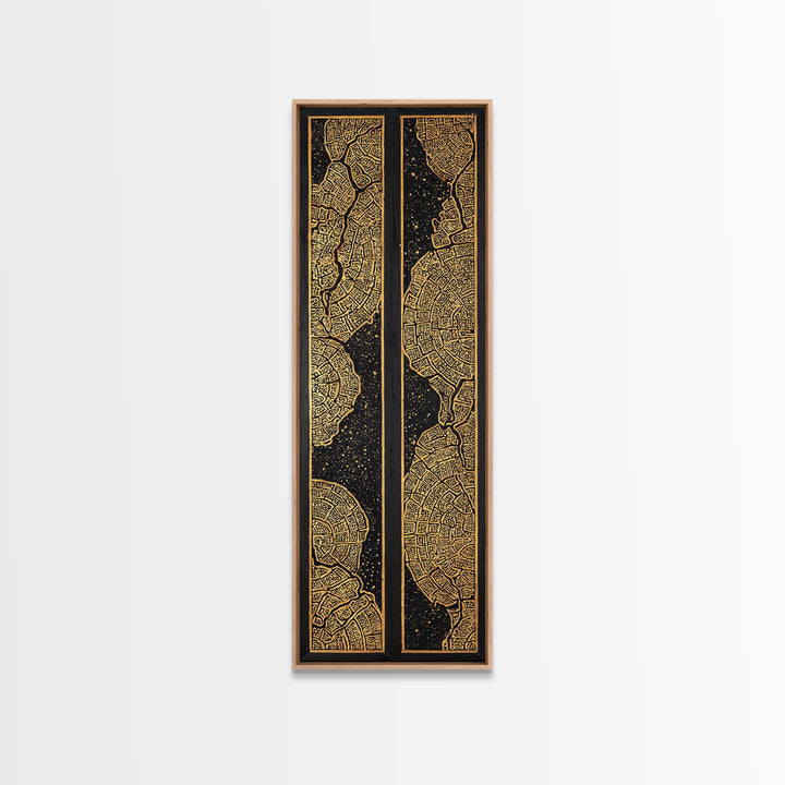 Gold Black African City Map Canvas Print, Diptych Style Tribal Pattern Wall Art, Geometric Luxury Home Decor Statement Piece