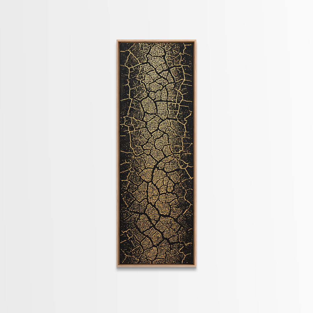 Gold On Black Abstract Map Wall Art, Tribal Maze Texture Canvas Print, African Inspired Geometric Statement Decor For Home