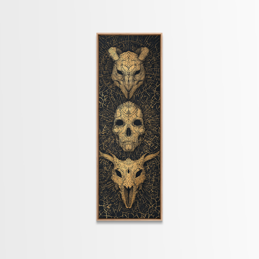 Golden Animal Skull Totem Wall Art, Dark Gothic Canvas Print, Tribal Mystical Home Decor, Unique Occult Statement Poster Gift