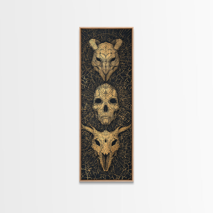 Golden Animal Skull Totem Wall Art, Dark Gothic Canvas Print, Tribal Mystical Home Decor, Unique Occult Statement Poster Gift