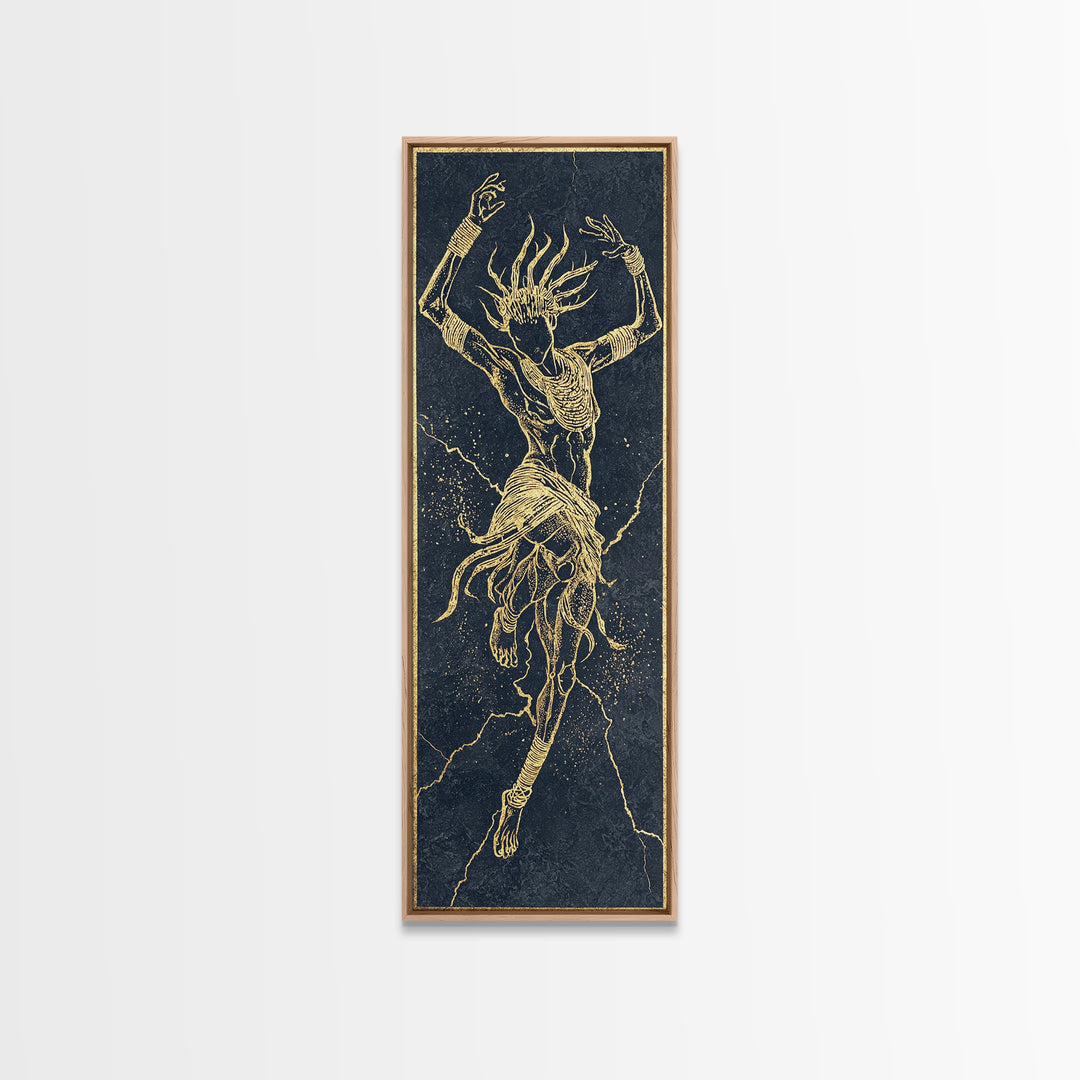 Golden Spirit Dancer Framed Canvas Print, Abstract African Woman Art, Mystical Black And Gold Tribal Wall Decor For Bedroom