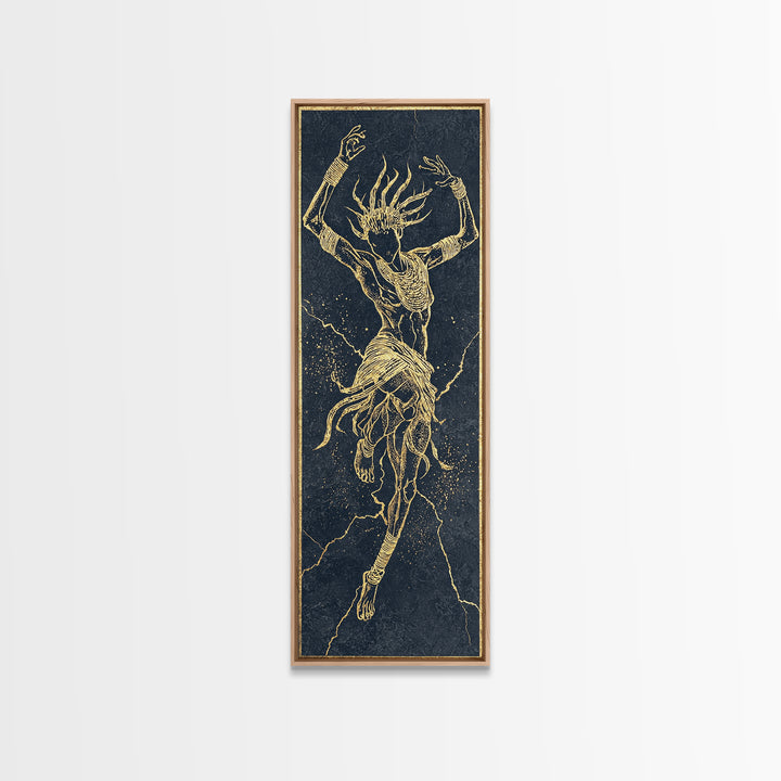 Golden Spirit Dancer Framed Canvas Print, Abstract African Woman Art, Mystical Black And Gold Tribal Wall Decor For Bedroom