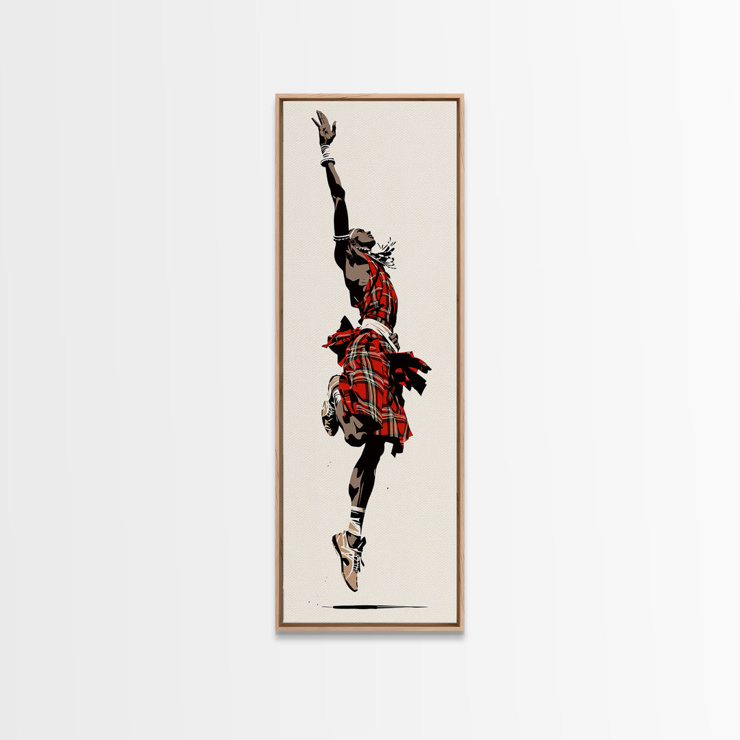Leaping Maasai Warrior Canvas Print, African Tribal Dance Wall Art, Red Fabric Culture Decor For Bold Modern Living Room Decor