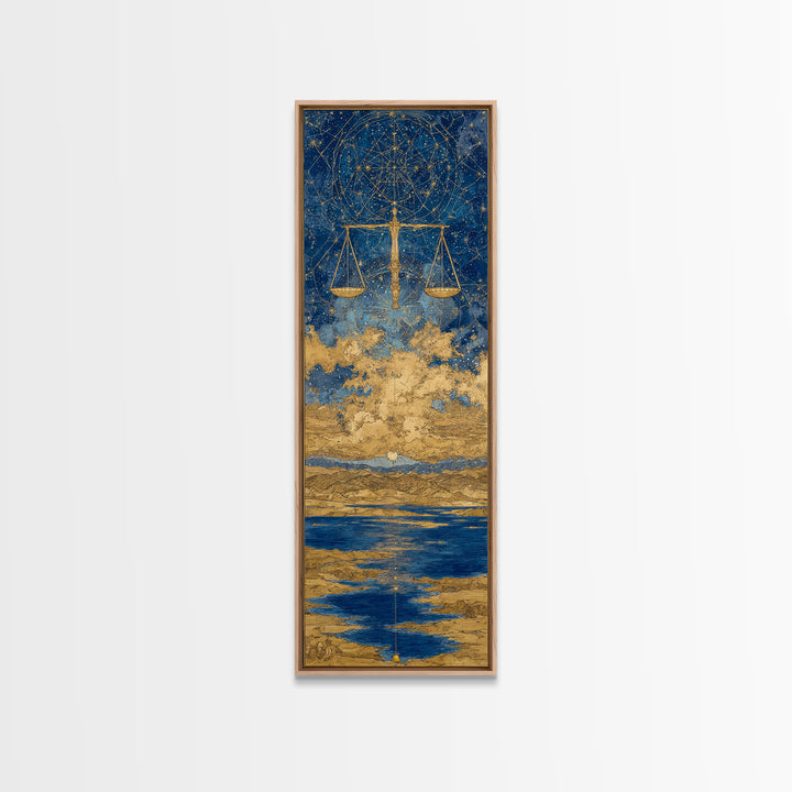 Golden Libra Scales Wall Art, Celestial Zodiac Canvas Print, Blue Ocean Astrology Decor For Modern Bedroom And Living Room Decor Gift