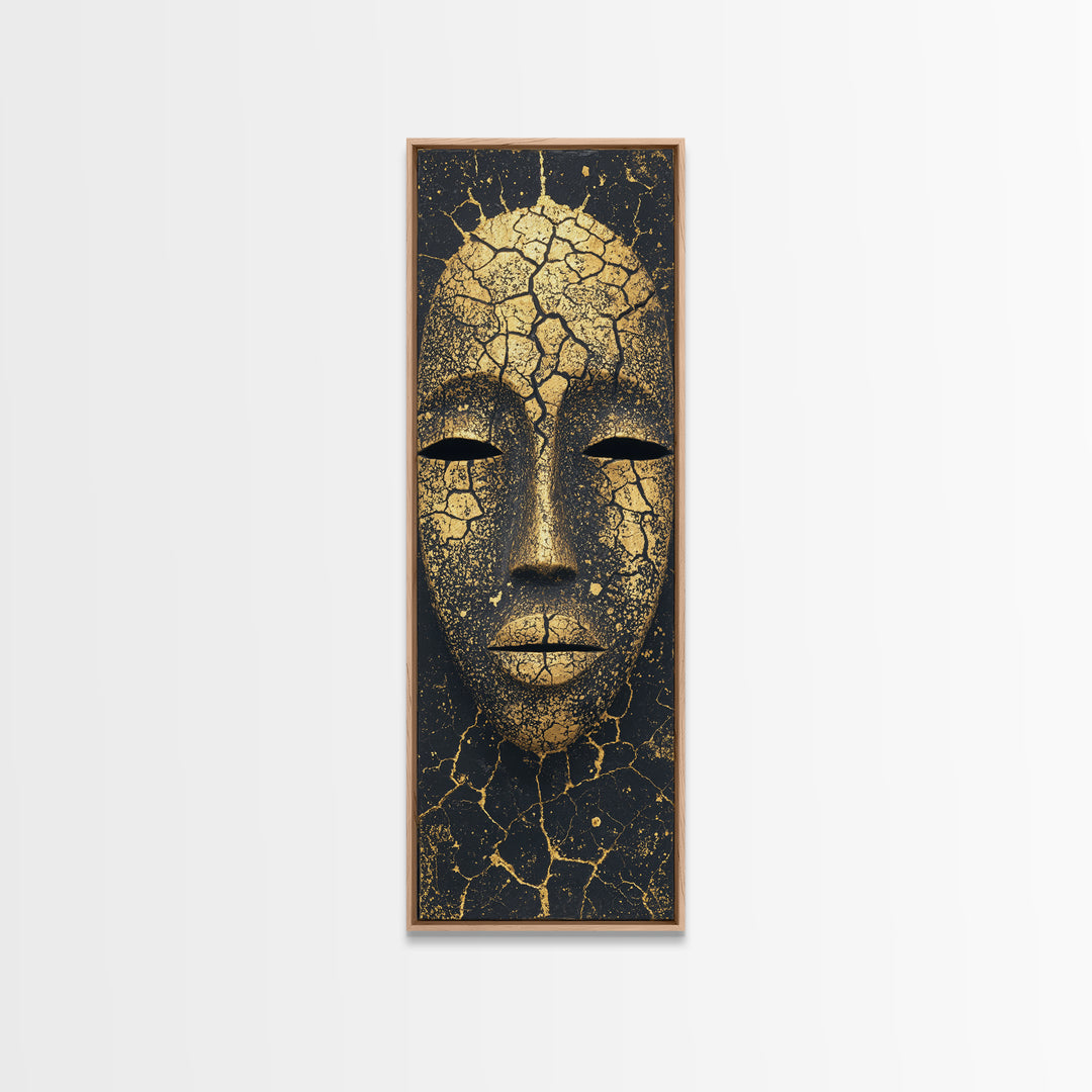 Cracked Gold African Mask Wall Art, Abstract African Portrait Canvas Print, Black And Gold Tribal Decor For Modern Home Gift