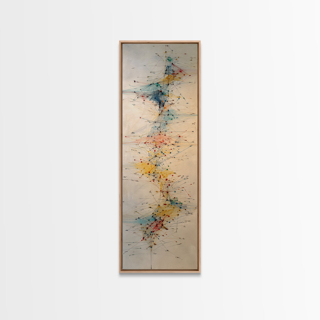 Delicate Abstract Network Wall Art, Teal Red Yellow Line Painting Canvas Print, Modern Minimalist Office Decor Gift For Home