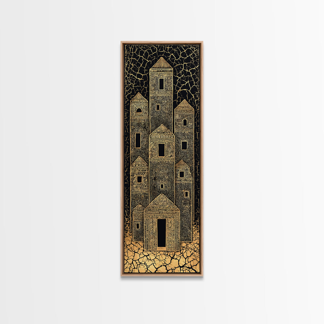 Gold Tribal Desert Towers Wall Art, Black African Architecture Canvas Print, Ancient Village Pattern Home Decor Gift For Him