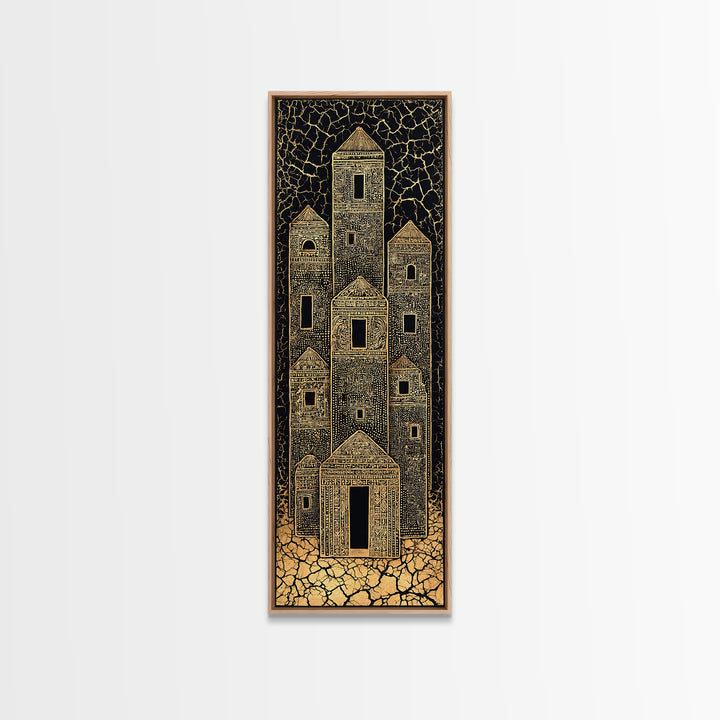 Gold Tribal Desert Towers Wall Art, Black African Architecture Canvas Print, Ancient Village Pattern Home Decor Gift For Him