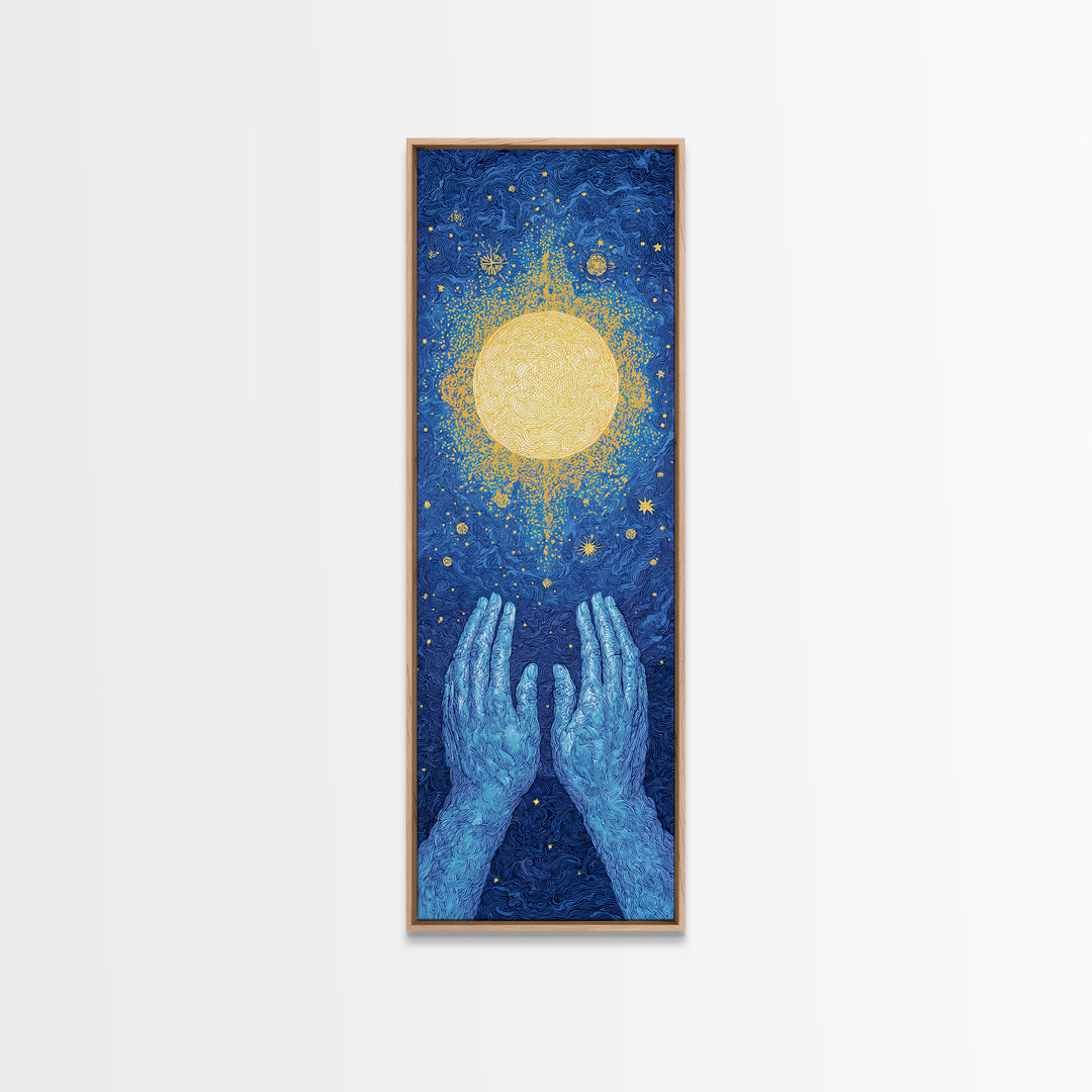 Glowing Celestial Sun Between Blue Hands Wall Art, Spiritual Wall Art, Mystical Wall Art, Starry Blue Home Decor Gift Idea