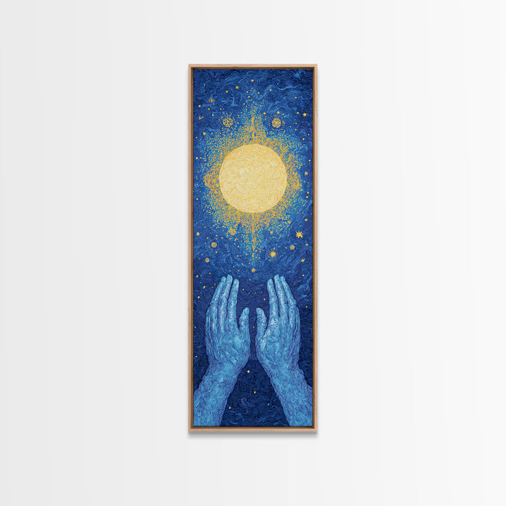 Glowing Celestial Sun Between Blue Hands Wall Art, Spiritual Wall Art, Mystical Wall Art, Starry Blue Home Decor Gift Idea