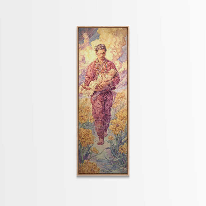 Gentle Shepherd Carrying Lamb Through Golden Flowers Framed Canvas Print, Spiritual Wall Art, Painting, Meaningful Gift For Home
