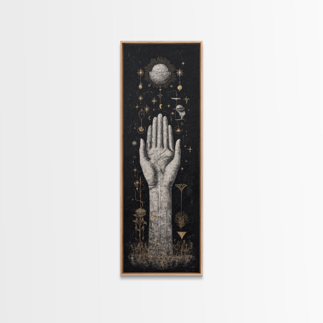 Mystical Palm Reaching Toward Moon And Stars Wall Art, Spiritual Wall Art, Black And Gold Art, Botanical Decor Gift For Her