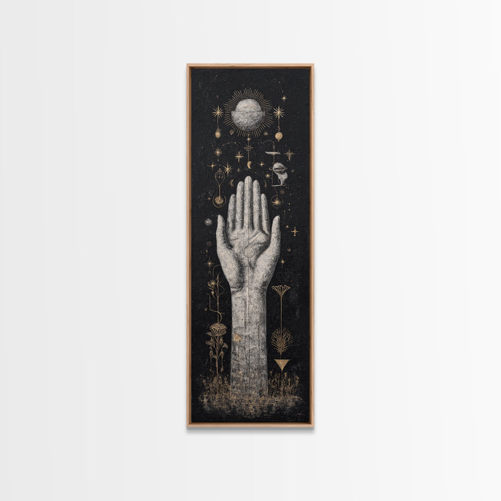 Mystical Palm Reaching Toward Moon And Stars Wall Art, Spiritual Wall Art, Black And Gold Art, Botanical Decor Gift For Her