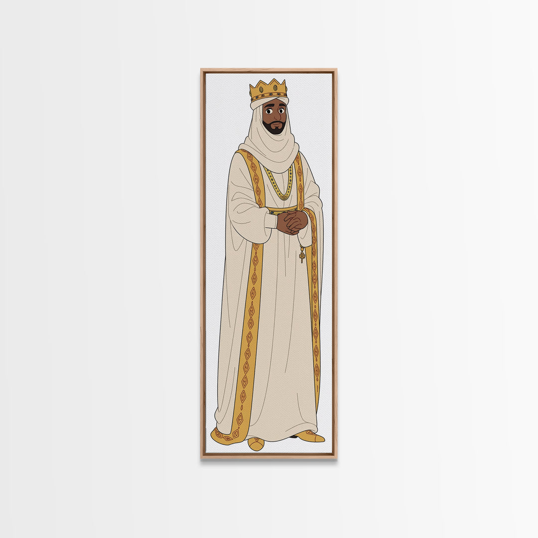 Regal Bearded King In White Robes Framed Canvas Print, African Inspired Royal Portrait, Elegant Cultural Home Decor Gift