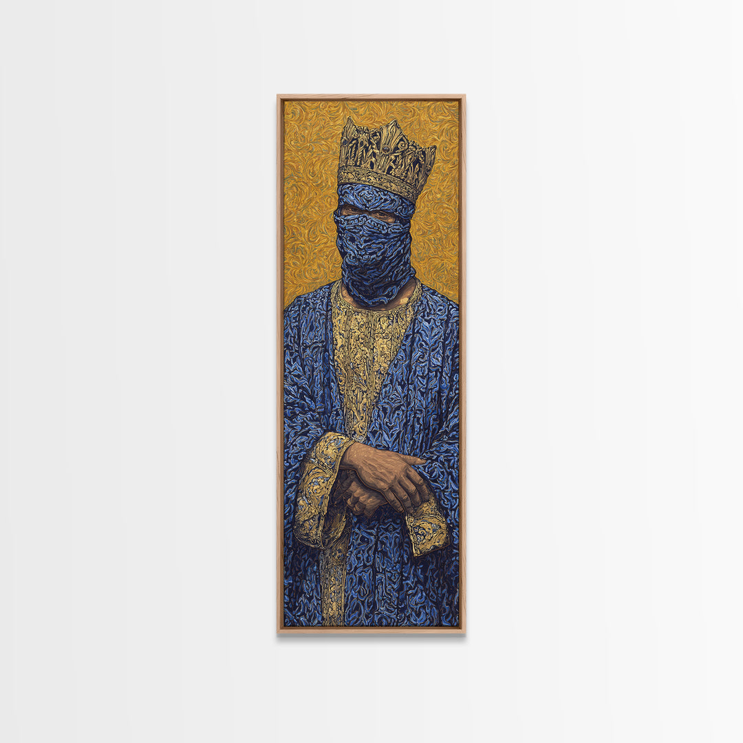 Masked African King In Blue And Gold Framed Canvas Print, Royal Portrait Wall Art, Luxury Afrocentric Cultural Home Decor