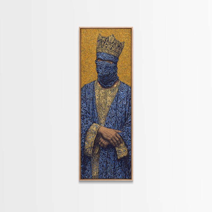 Masked African King In Blue And Gold Framed Canvas Print, Royal Portrait Wall Art, Luxury Afrocentric Cultural Home Decor