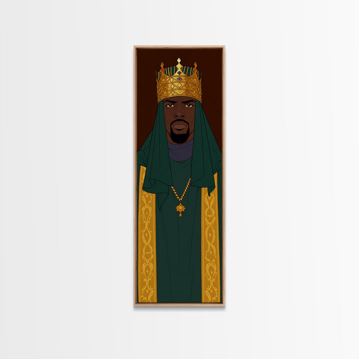 Green Veiled African King With Gold Crown Canvas Print, Black Man Portrait Wall Art, Royal Afrocentric Home Decor Gift For Him