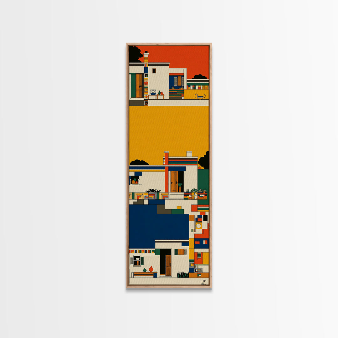 Colorful African Village Houses Wall Art, Geometric Architecture Canvas Print, Afrocentric Home Decor, Modern Tribal Poster