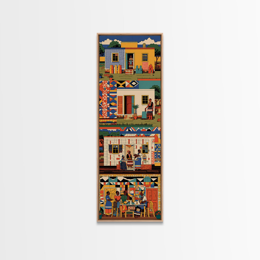 Vibrant African Village Homes Wall Art, Colorful Canvas Print, Folk Culture Poster, Patterned Houses And People Decor Gift